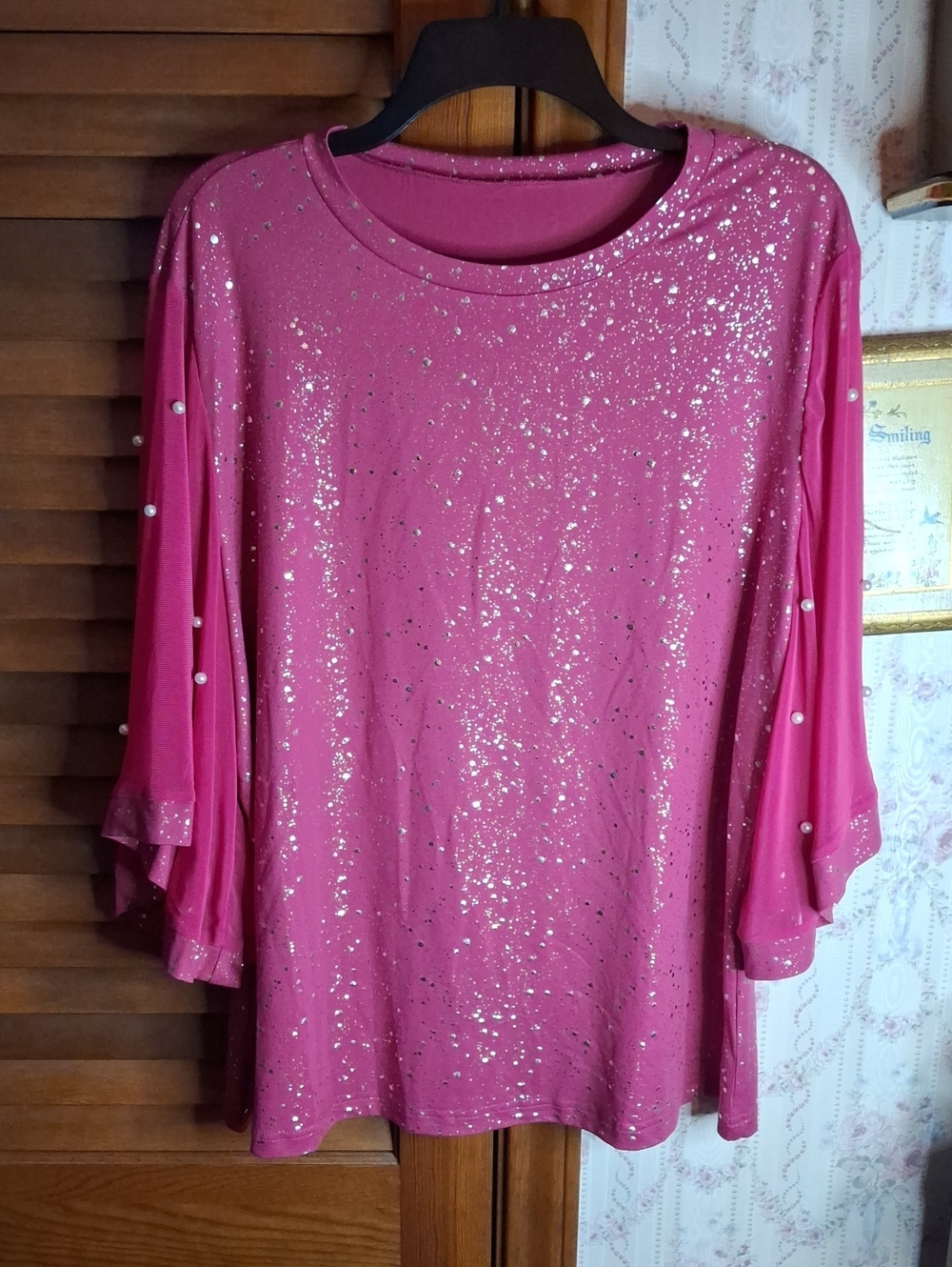 Pink Sparkle Pearl Accent Sheer Sleeve Top 2xl Preloved